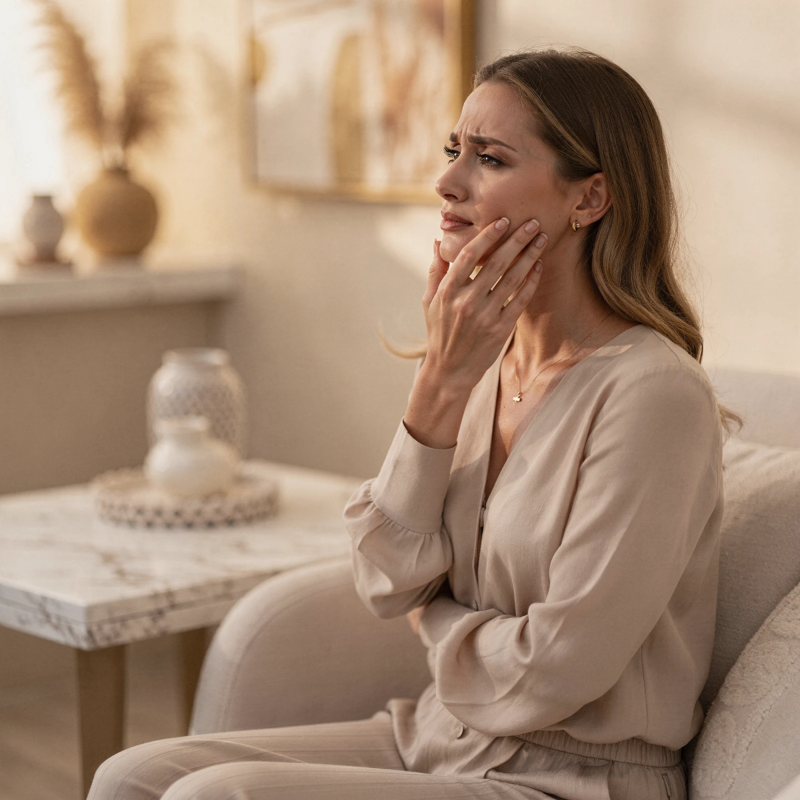Woman holding her cheek with a distressed expression, indicating dental pain or discomfort